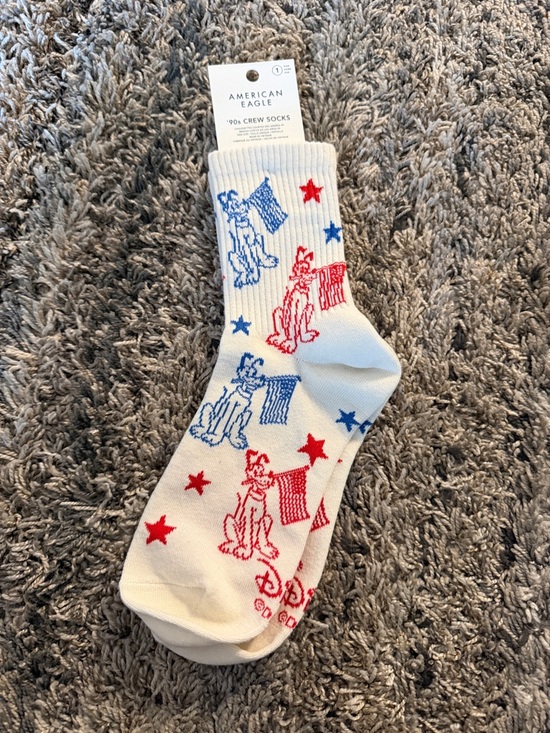 American Eagle Outfitters Accessories - American Eagle Outfitters White Crew Socks with Red & Blue Flag Pluto Design
